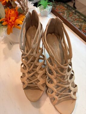BCBGeneration Beige Strappy Caged High Heel Sandals
